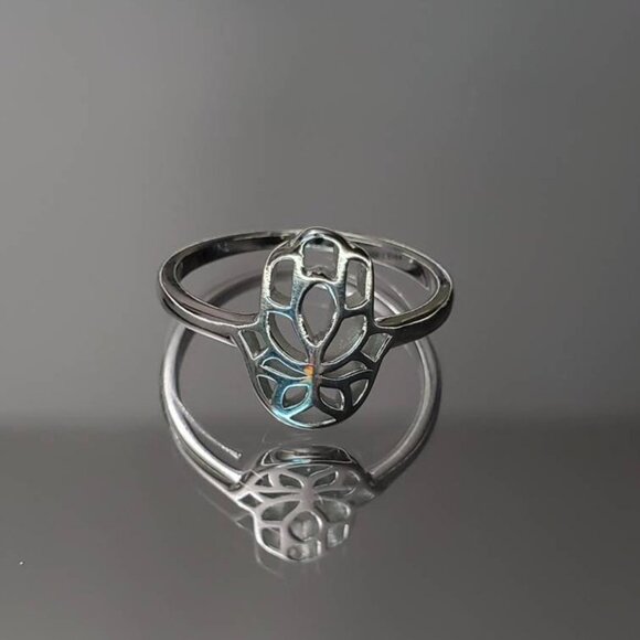 Women's 925 Thin Sterling Silver Hand Hamsa Dainty Protection Amulet Ring - Picture 3 of 10
